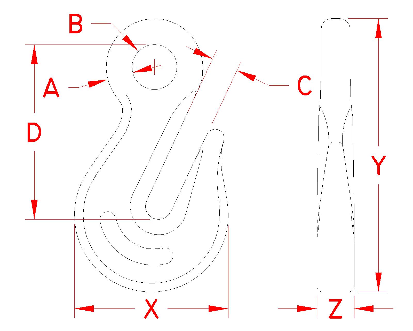 Stainless Steel Eye Grab Hook, Forged, Load Rated, S0453-0007, S0453-0008, S0453-0010, S0453-0013, Line Drawing